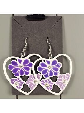 Purple Floral Heart Dangle Earrings Rhinestone Accent White Open Heart Earrings